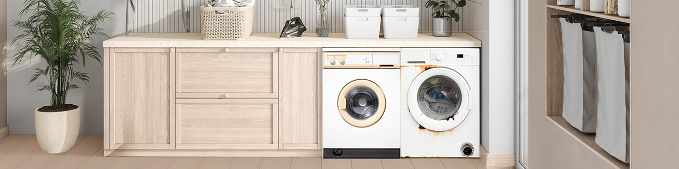 Laundry room with old appliances that need removal and recycling