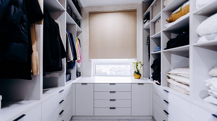 A closet that is decluttered with clothes neatly organized.
