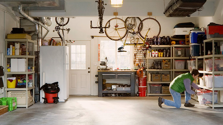 A garage that has all items neatly sorted and stored away.