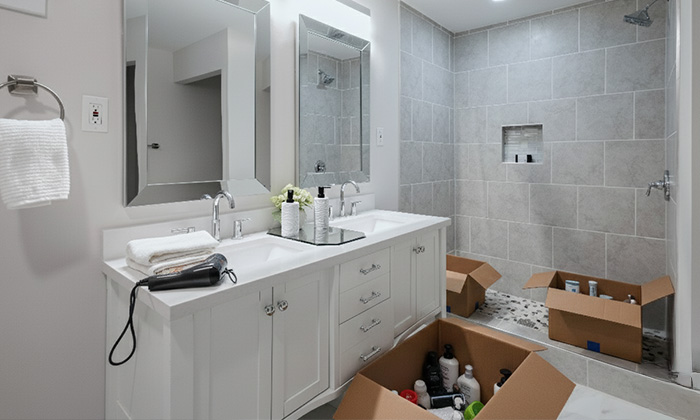 A bathroom with faucet handles, spout, overflow cover and drain trim being removed.