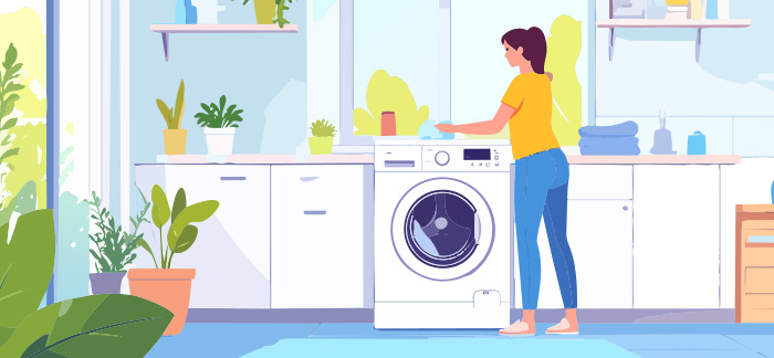 An illustration of a woman cleaning her laundry room.