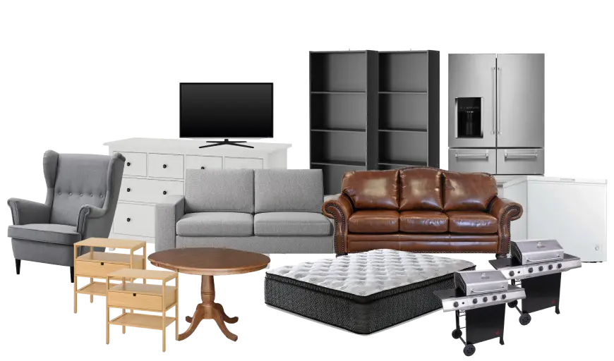 A couch, dresser, TV, fridge, bookshelf, mattress, BBQs, tables, and chairs to illustrate a full truckload for 1-800-GOT-JUNK?