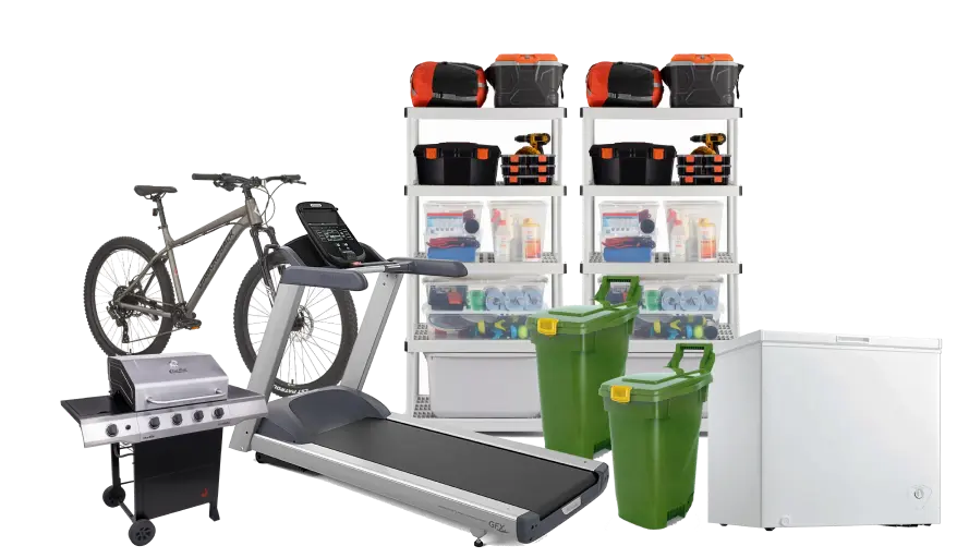 A bike, some storage containers, treadmill, BBQ, freezer and bins to illustrate a half truckload for 1-800-GOT-JUNK?